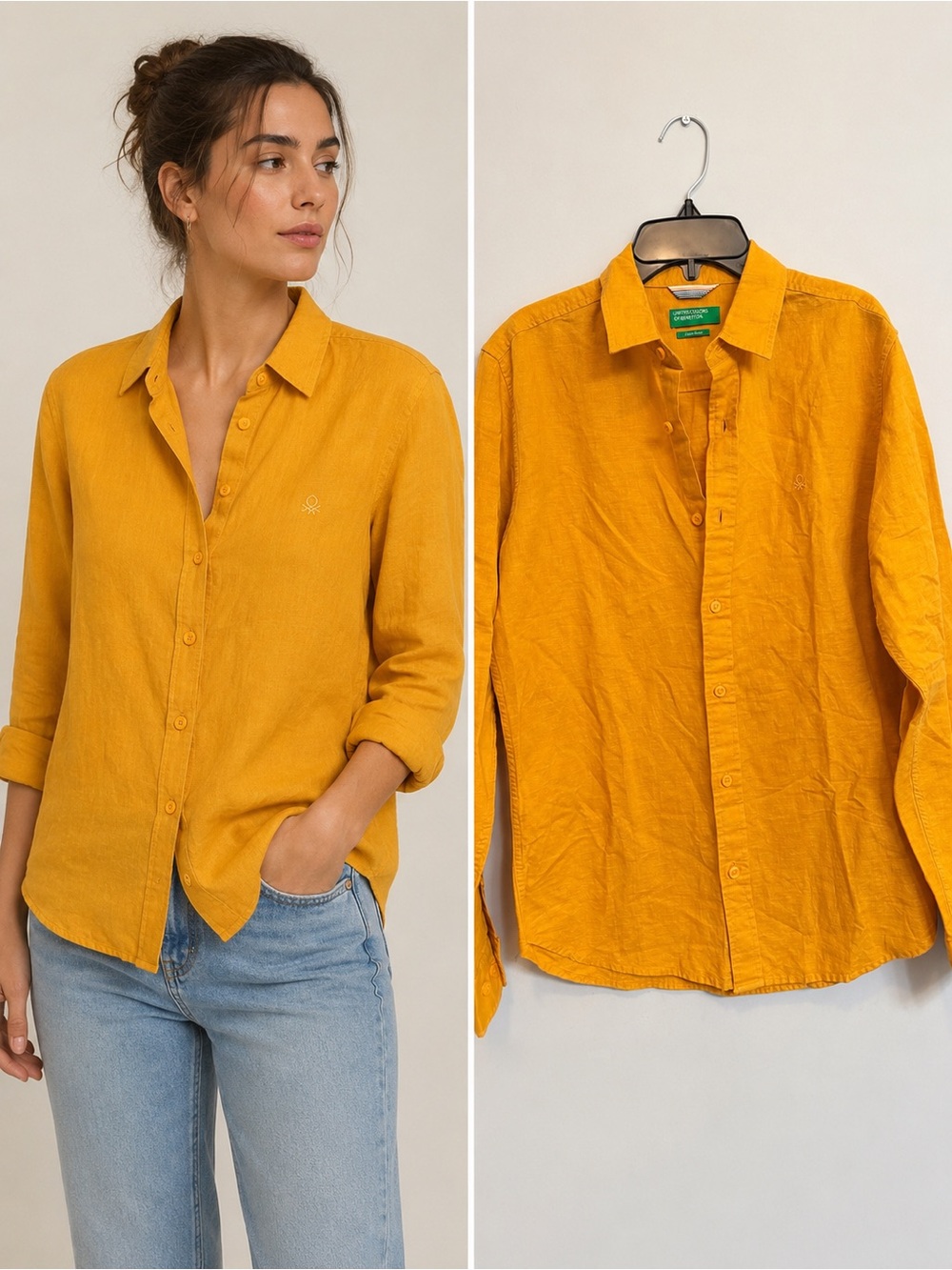 United Colors of Benetton Linen Blend Button Front Shirt Women’s Size S Mustard